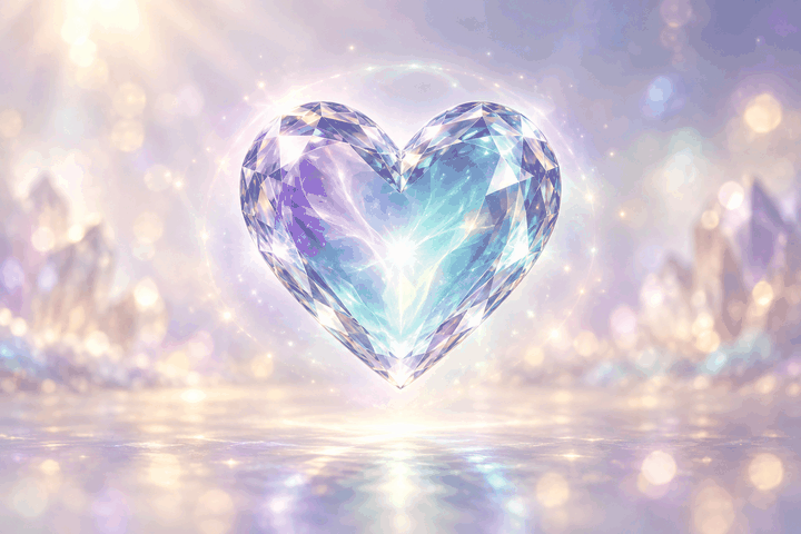 An animated blue and violet crystal heart glows above shimmering water, surrounded by soft golden light.